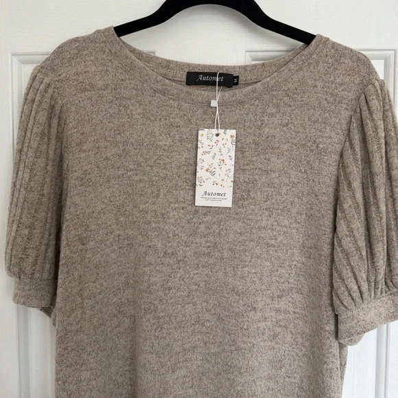 Crew Neck Puff Sleeve Sweater Top in Taupe - Picture 3 of 7